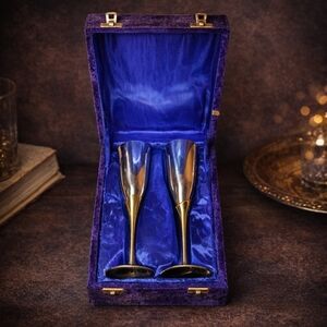 Vintage Brass Champagne Flutes Set of 2 In Velvet Box